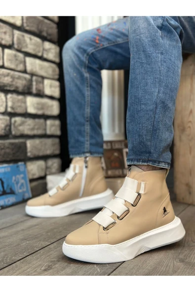 BA0142 Bantlı Erkek Yüksek Taban Krem Beyaz Spor Bot ürün görseli 1
