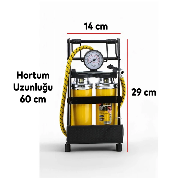 Ayak Tipi Kalın Pistonlu Hava Pompası Göstergeli Çift Hava Depolu Teker Araç Bisiklet Top Pompası - Resim 2