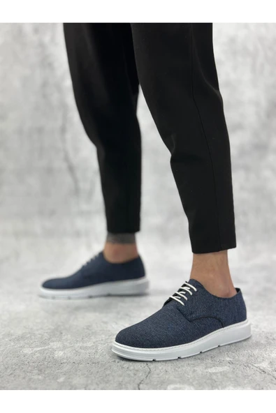 Erkek AyakkabıBA0003 Bağcıklı Klasik Spor Keten Lacivert  Beyaz Taban Casual Erkek Ayakkabı