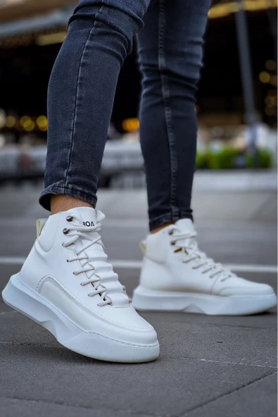 BA0321 Gizli Bağcıklı Erkek Yüksek Taban Beyaz Spor Bot - Resim 5