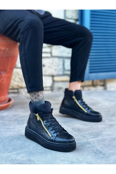 SNR-512 BOA Kalın Yüksek Siyah Taban Çift Fermuarlı Siyah Erkek Spor Bot - Resim 4