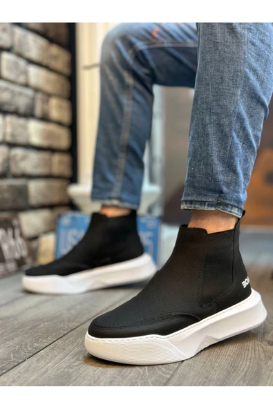 BA0150 Bağcıksız Erkek Yüksek Taban Cilt Siyah Beyaz Spor Bot - Resim 2