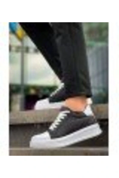 Erkek AyakkabıKB-X46 Kuback Siyah Beyaz Yüksek Beyaz Taban Günlük Spor Ayakkabı - Resim 3