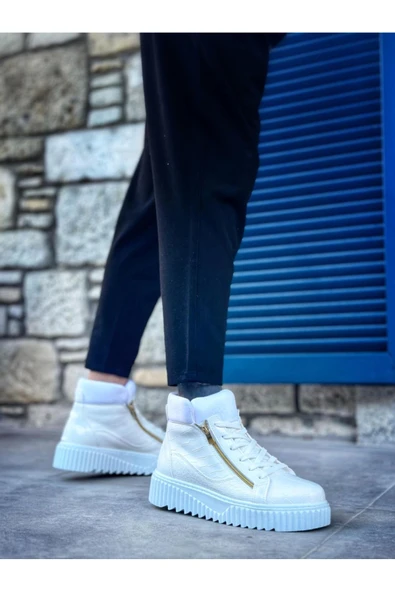 SNR-512 BOA Kalın Yüksek Taban Çift Fermuarlı Beyaz Erkek Spor Bot - Resim 2