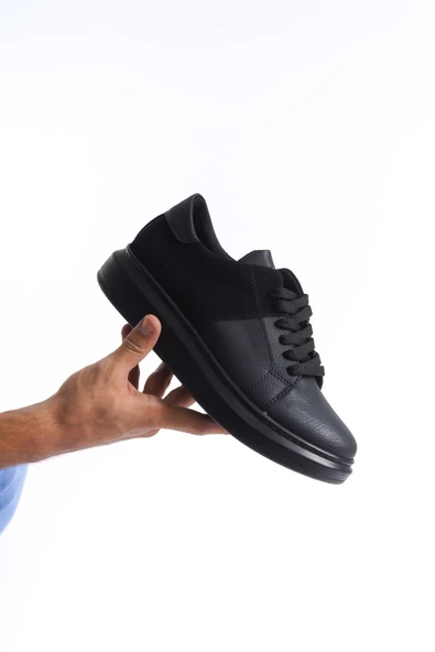 SLW151 Boost Bağcıklı Cilt Süet Erkek Günlük Sneaker Ayakkabı ST Siyah