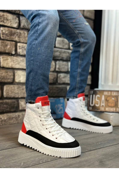 Erkek AyakkabıBA0811 BOA Yüksek Taban Beyaz Paraşüt Kumaş Kırmızı Cilt Detaylı Erkek Ayakkabı ürün görseli 1