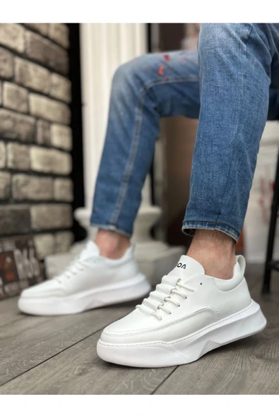 BA0332 Merdiven Desen Bağcıklı Erkek Yüksek Taban Beyaz Cilt Spor Ayakkabı