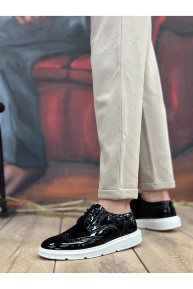 BA0003 Bağcıklı Klasik  Siyah Beyaz Taban Rugan Yüksek Taban Casual Erkek Ayakkabı ürün görseli