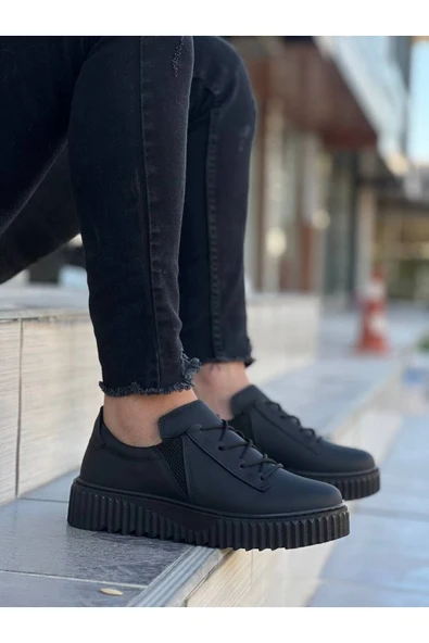 KB-X502  Kuback Siyah Cilt Yüksek Siyah Taban Bağcık Detaylı Lastikli Günlük Erkek Ayakkabı - Resim 2