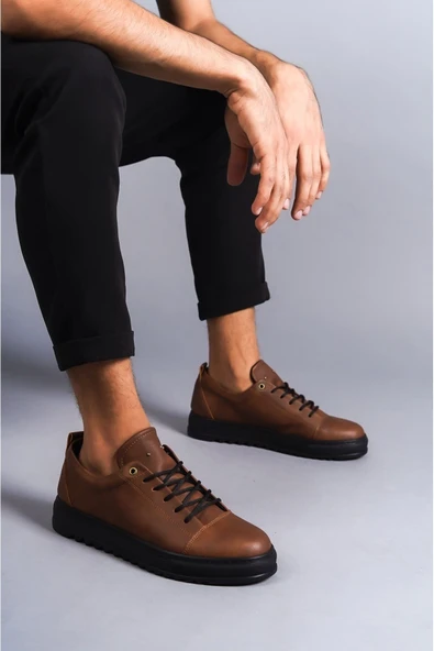 SLW152 Cool Bağcıklı Cilt Erkek Günlük Spor Klasik Ayakkabı ST Taba - Resim 2