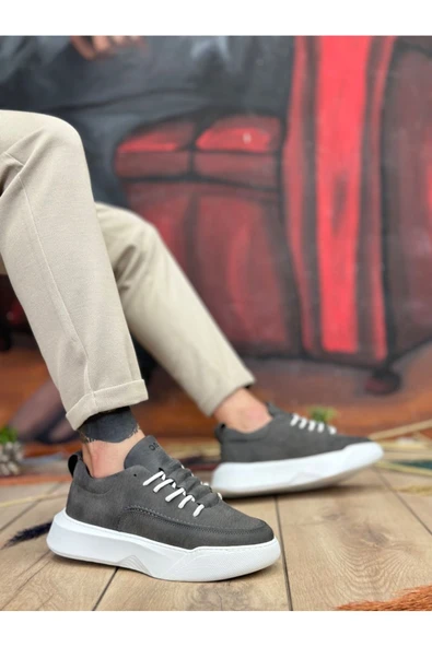BA0332 Merdiven Desen Bağcıklı Erkek Yüksek Taban Antrasit Cilt Spor Ayakkabı - Resim 2