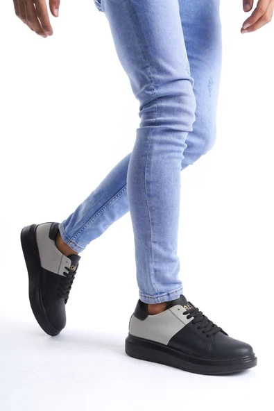 SLW151 Boost Bağcıklı Cilt Süet Erkek Günlük Sneaker Ayakkabı ST Siyah/Gri - Resim 4