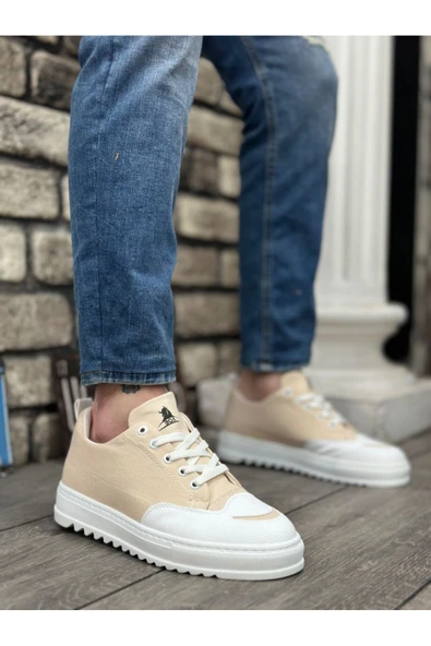 BA0328 BOA Kalın Yüksek Taban Smile Desenli Krem Spor Erkek Ayakkabı - Resim 2