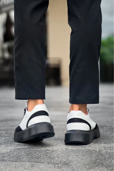 BA0354 Günlük  Bağcıklı Erkek  Beyaz Parçalı Siyah  Yüksek Taban Spor Ayakkabı - Resim 4