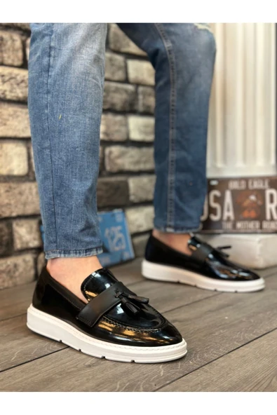 BA0005 Bağcıksız Yüksek Beyaz Taban Klasik Rugan Püsküllü Corcik Erkek Ayakkabı - Resim 2