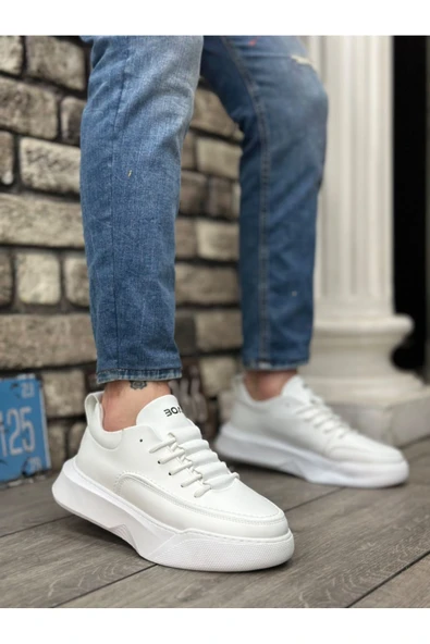 BA0332 Merdiven Desen Bağcıklı Erkek Yüksek Taban Beyaz Cilt Spor Ayakkabı - Resim 2
