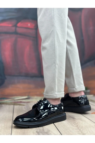 BA0003 Bağcıklı Klasik  Siyah Siyah Taban Rugan Yüksek Taban Casual Erkek Ayakkabı - Resim 3