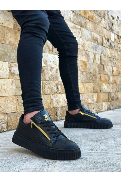 SNR-308 BOA Kalın Yüksek Taban Çift Fermuarlı Siyah Siyah Erkek Ayakkabı - Resim 6