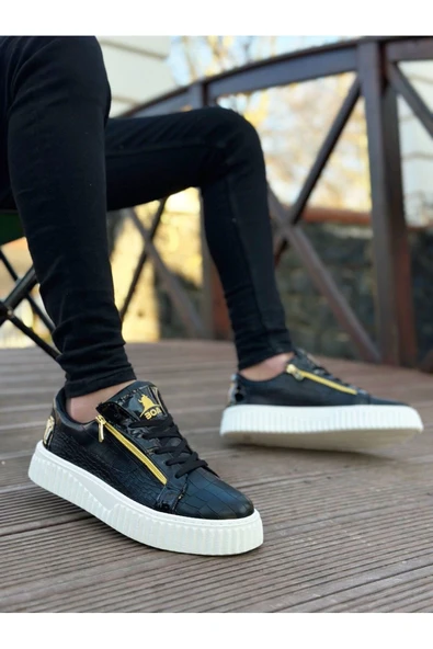 Erkek AyakkabıSNR-308 BOA Kalın Yüksek Taban Çift Fermuarlı Siyah Beyaz Erkek Ayakkabı - Resim 3