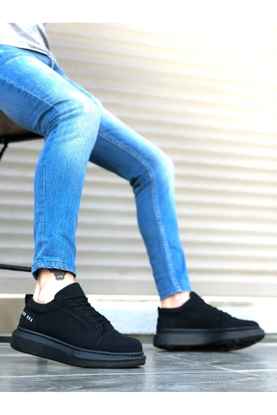 BA0548 BOA Kalın Yüksek Siyah Taban Siyah Bağcıklı Spor Erkek Ayakkabı ürün görseli 1