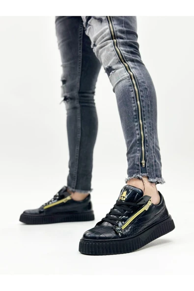 SNR-308 BOA Kalın Yüksek Taban Çift Fermuarlı Siyah Siyah Erkek Ayakkabı - Resim 3