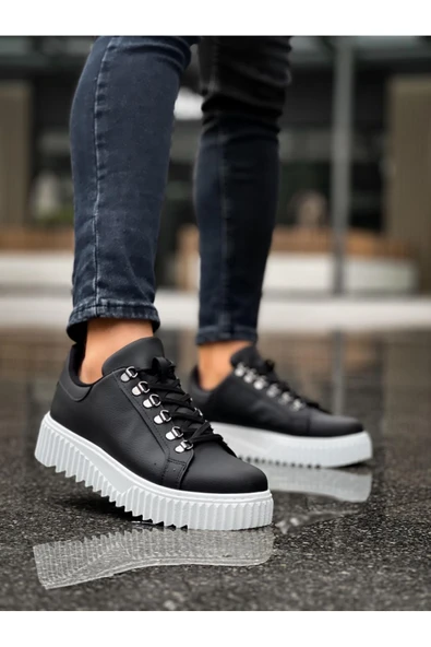 BA0505 Çengel Bağcıklı Siyah Renk Beyaz Tabanlı Günlük Ayakkabı - Resim 2