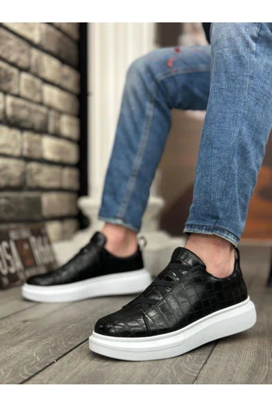 BA0134 BOA Kalın Yüksek Beyaz Taban Desenli Çapraz Bant Siyah Erkek Ayakkabı ürün görseli 1