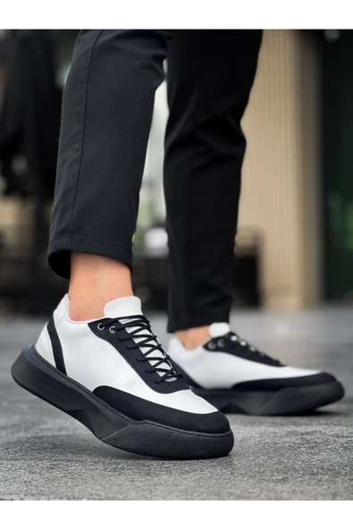 BA0354 Günlük  Bağcıklı Erkek  Beyaz Parçalı Siyah  Yüksek Taban Spor Ayakkabı ürün görseli 1