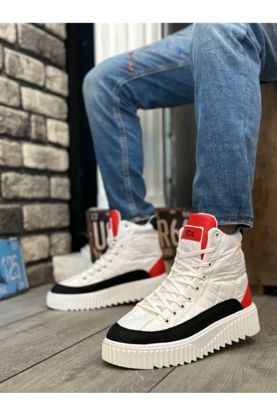 Erkek AyakkabıBA0811 BOA Yüksek Taban Beyaz Paraşüt Kumaş Kırmızı Cilt Detaylı Erkek Ayakkabı - Resim 2