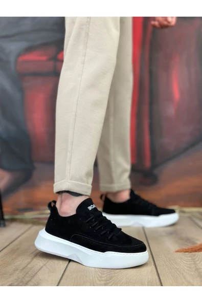 BA0332 Merdiven Desen Bağcıklı Erkek Yüksek Taban Siyah Süet Beyaz Taban Spor Ayakkabı ürün görseli 1