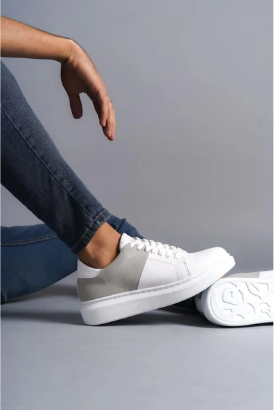 SLW151 Boost Bağcıklı Cilt Süet Erkek Günlük Sneaker Ayakkabı BT Beyaz/Gri - Resim 3