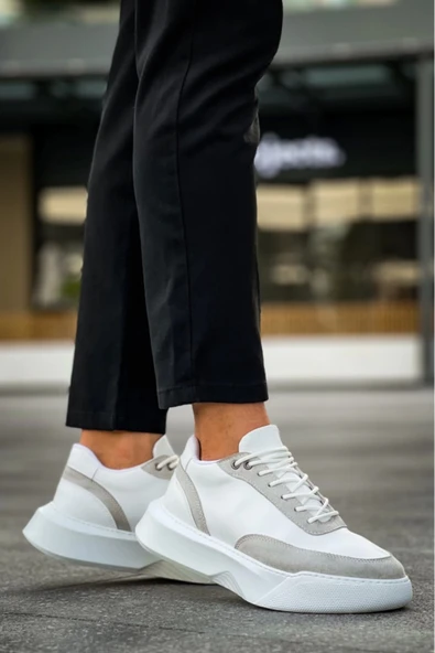 BA0354 Günlük Bağcıklı Erkek Gri Parçalı Beyaz  Yüksek Taban Spor Ayakkabı - Resim 4