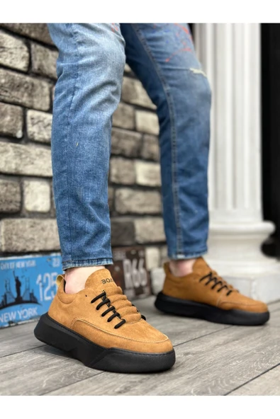 BA0332 Merdiven Desen Bağcıklı Erkek Yüksek Taban Taba Süet Siyah Taban Spor Ayakkabı - Resim 2