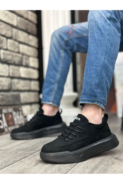 BA0332 Merdiven Desen Bağcıklı Erkek Yüksek Taban Siyah Süet Siyah Taban Spor Ayakkabı ürün görseli 1