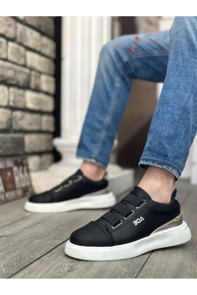 Erkek AyakkabıBA0329 3 Bant Siyah Gümüş Detaylı Kalın Taban Casual Erkek Ayakkabı