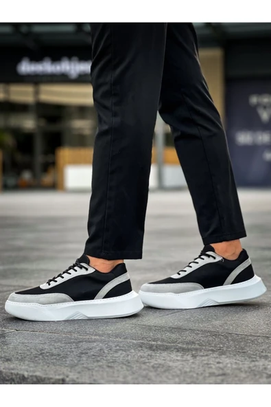 BA0354 Günlük Bağcıklı Erkek Gri Parçalı Siyah Yüksek  Taban Spor Ayakkabı ürün görseli 1