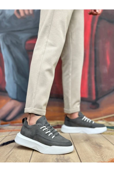 BA0332 Merdiven Desen Bağcıklı Erkek Yüksek Taban Antrasit Cilt Spor Ayakkabı - Resim 3