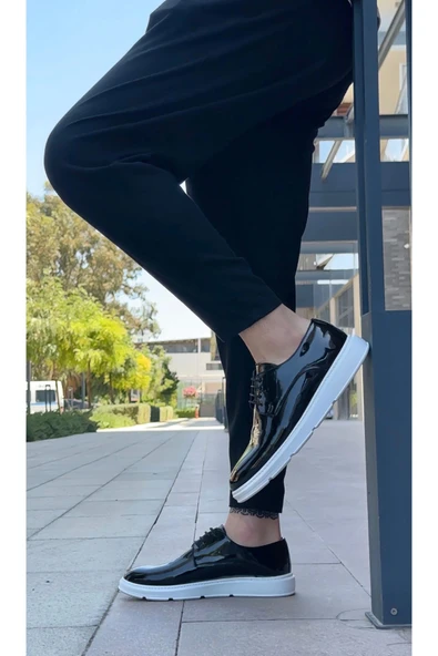 BA0003 Bağcıklı Klasik  Siyah Rugan Yüksek Taban Casual Erkek Ayakkabı - Resim 3