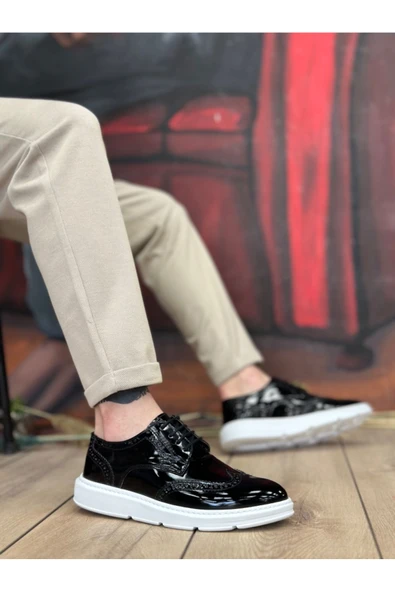 BA0003 Bağcıklı Klasik  Siyah Beyaz Taban Rugan Yüksek Taban Casual Erkek Ayakkabı - Resim 2