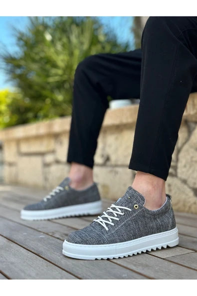 BA0152 Bağcıklı Yüksek Taban Gri Kırçıllı Keten Erkek Ayakkabı - Resim 2