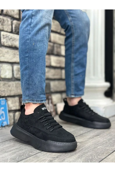 BA0332 Merdiven Desen Bağcıklı Erkek Yüksek Taban Siyah Süet Siyah Taban Spor Ayakkabı - Resim 2