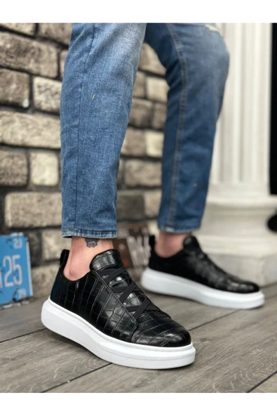 BA0134 BOA Kalın Yüksek Beyaz Taban Desenli Çapraz Bant Siyah Erkek Ayakkabı - Resim 2