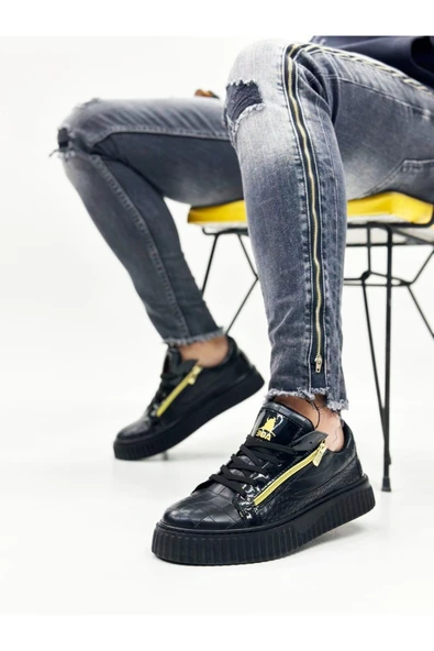 SNR-308 BOA Kalın Yüksek Taban Çift Fermuarlı Siyah Siyah Erkek Ayakkabı - Resim 4