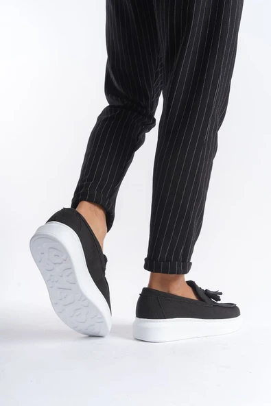 SLW154 Blaze Bağcıksız Püsküllü Keten Erkek Günlük Spor Klasik Ayakkabı BT Siyah - Resim 4