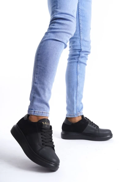 SLW151 Boost Bağcıklı Cilt Süet Erkek Günlük Sneaker Ayakkabı ST Siyah - Resim 4