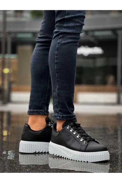 BA0505 Çengel Bağcıklı Siyah Renk Beyaz Tabanlı Günlük Ayakkabı - Resim 6