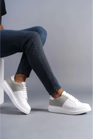 SLW151 Boost Bağcıklı Cilt Süet Erkek Günlük Sneaker Ayakkabı BT Beyaz/Gri - Resim 2