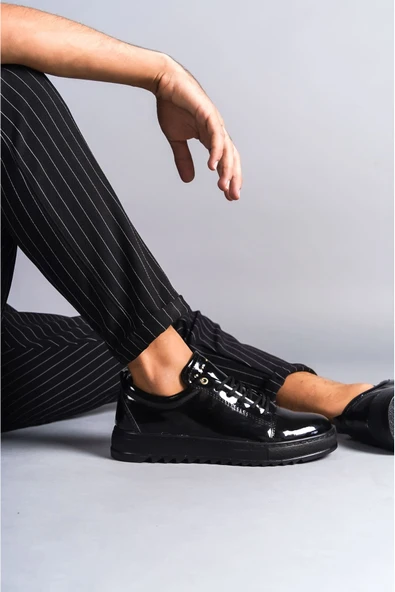 SLW152 Cool Bağcıklı Rugan Erkek Günlük Spor Klasik Ayakkabı ST Siyah - Resim 3