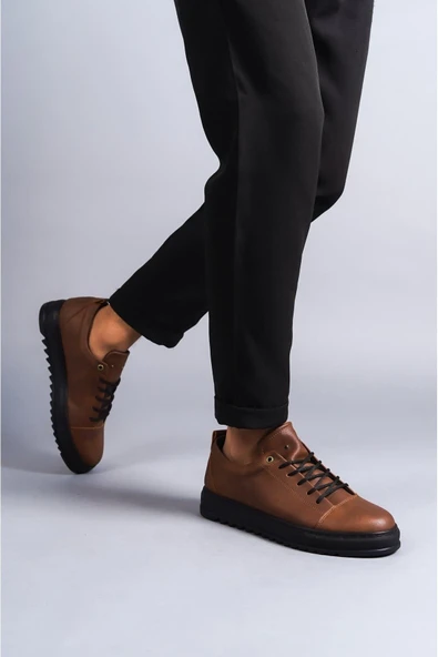 SLW152 Cool Bağcıklı Cilt Erkek Günlük Spor Klasik Ayakkabı ST Taba - Resim 4