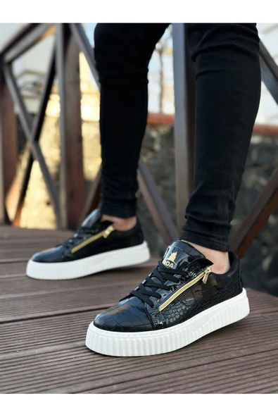 Erkek AyakkabıSNR-308 BOA Kalın Yüksek Taban Çift Fermuarlı Siyah Beyaz Erkek Ayakkabı - Resim 2